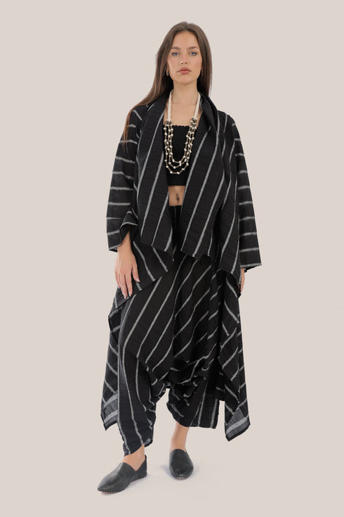 Striped coat with draped collar and long sleeves